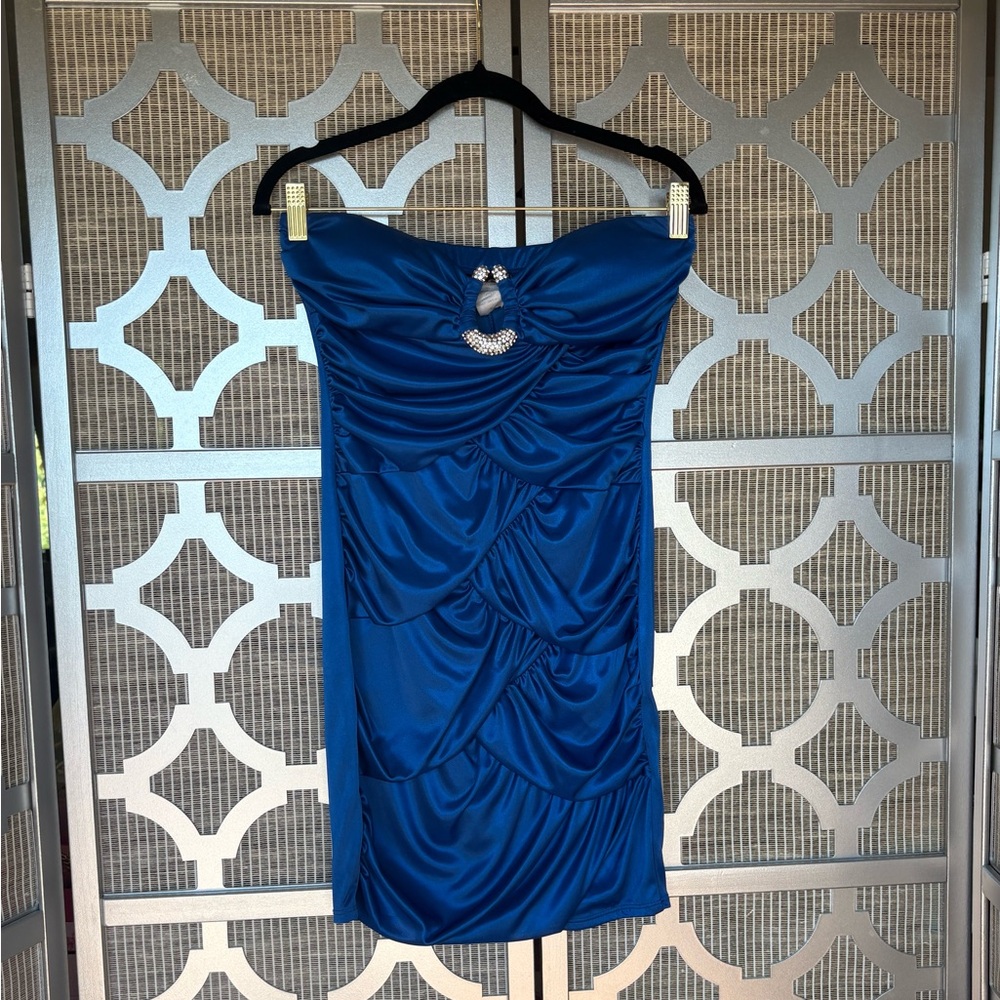 Deb Blue Strapless Ruched Bodycon Dress